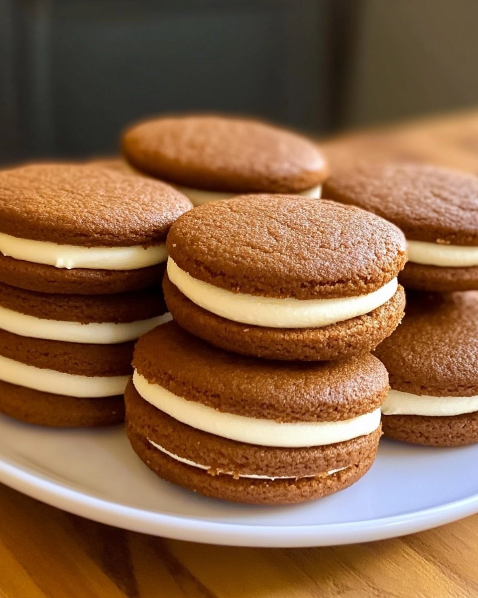 This image shows a stack of eight round sandwich cookies on a white plate with a white marbled surface background. Each cookie has two soft, golden-brown layers with a smooth, thick layer of white cream filling in the middle. The cookies are slightly textured with small cracks visible on some surfaces, and they are stacked unevenly, creating a cozy pile. The lighting highlights the soft texture of the cookies and the creamy filling. Photo taken with an iphone --ar 4:5 --v 6.1
