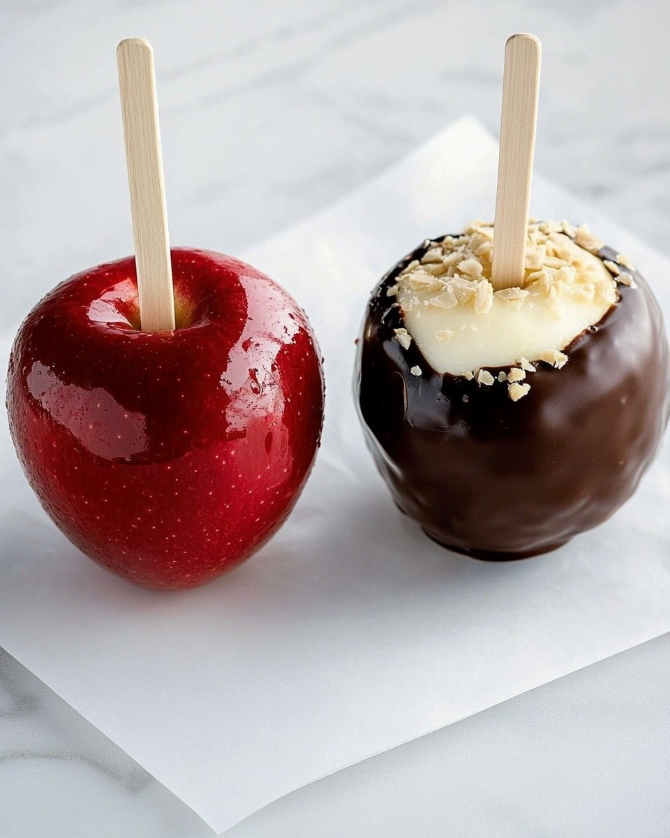 Two apples each on a wooden stick are shown on a piece of white paper resting on a white marbled surface. The apple on the left is coated entirely in a shiny, smooth, dark red candy layer that has a small bite revealing the pale cream inside of the apple. The apple on the right is red with a half-dip in dark chocolate coating, which is decorated with small light brown nut pieces all around the chocolate area. Both apples have wooden sticks inserted on the top center. photo taken with an iphone --ar 4:5 --v 6.1