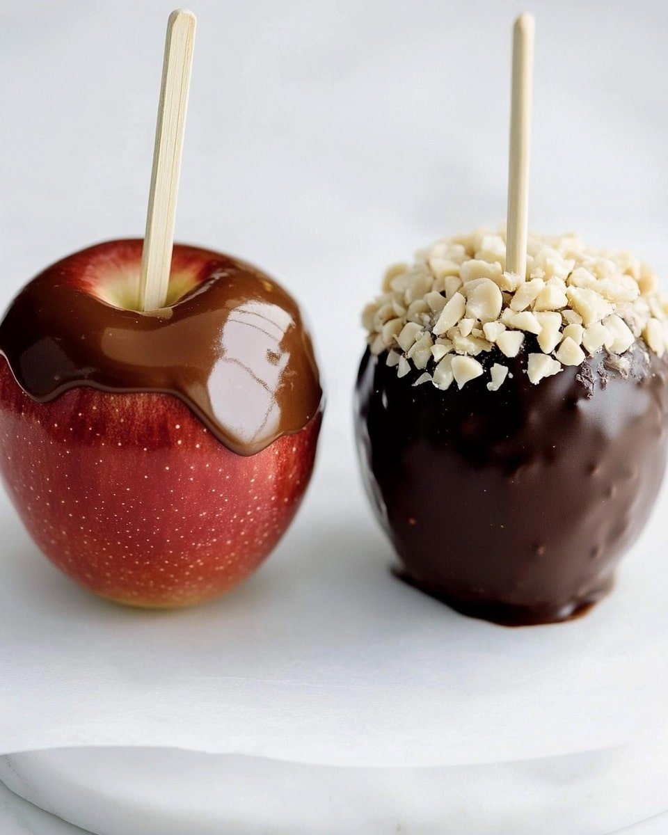 The image shows two apples on a white marbled surface with a white parchment paper underneath them. The apple on the left is coated fully in a shiny dark caramel layer with a smooth texture. A small bite is missing on the front right side, showing the pale creamy apple flesh inside. The apple on the right is partly dipped in dark chocolate that covers the bottom half with a textured look, and it is decorated with small light tan nut pieces all around the chocolate layer. Both apples have wooden sticks inserted on top for holding. Photo taken with an iphone --ar 4:5 --v 6.1