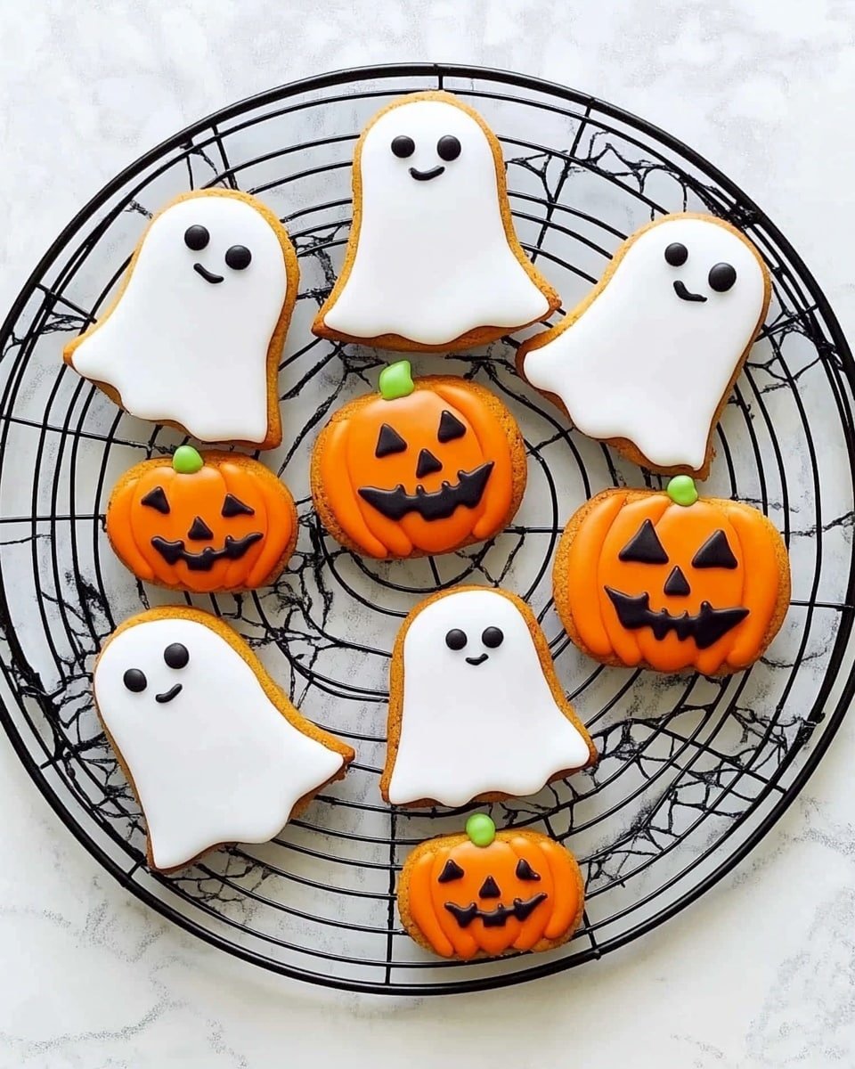 The image shows a round black wire cooling rack holding eight decorated Halloween cookies arranged in a circle. There are four ghost-shaped cookies covered in smooth white icing with small black eyes and mouths. Between each ghost is a pumpkin-shaped cookie with bright orange icing, decorated with black triangle eyes and mouth, and a green icing stem curling on top. The cooling rack sits on a white marbled surface. photo taken with an iphone --ar 4:5 --v 6.1