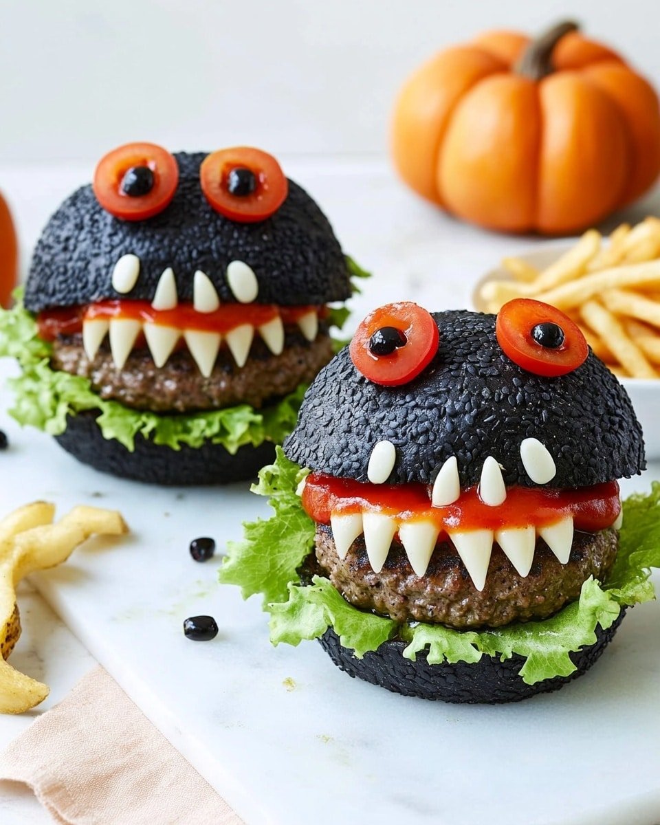 The image shows two small burgers on a white marble surface. Each burger has a black sesame seed bun with the top bun placed like a head with two eyes made from half cherry tomatoes topped with black olives. Below the bun, there are red ketchup drips resembling a mouth. The next layer is a slice of white cheese cut in a jagged zigzag pattern to look like sharp teeth dripping down over a thick brown burger patty. Under the patty, there is a fresh green lettuce leaf sitting on the bottom black bun. In the background, there is a white bowl full of golden fries and two small pumpkin decorations with painted faces placed on the marble surface, along with a light orange cloth. Photo taken with an iphone --ar 4:5 --v 6.1
