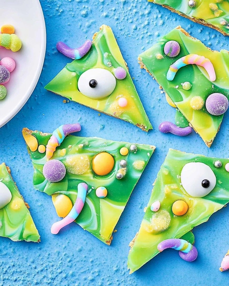 The image shows pieces of green and yellow swirled candy bark shaped irregularly on a white marbled surface. Each piece has a smooth, flat green base mixed with yellow and some purple swirls. They are decorated with small colorful sugar balls, slices of green seeds or nuts, and candy eyes for a playful look. On top of some pieces, there are pale pink and yellow gummy worms adding a soft, textured layer. To the left side, a round white plate holds more of these gummy worms. The whole scene is bright and fun, with vivid colors and different textures on each candy bark piece. photo taken with an iphone --ar 4:5 --v 6.1