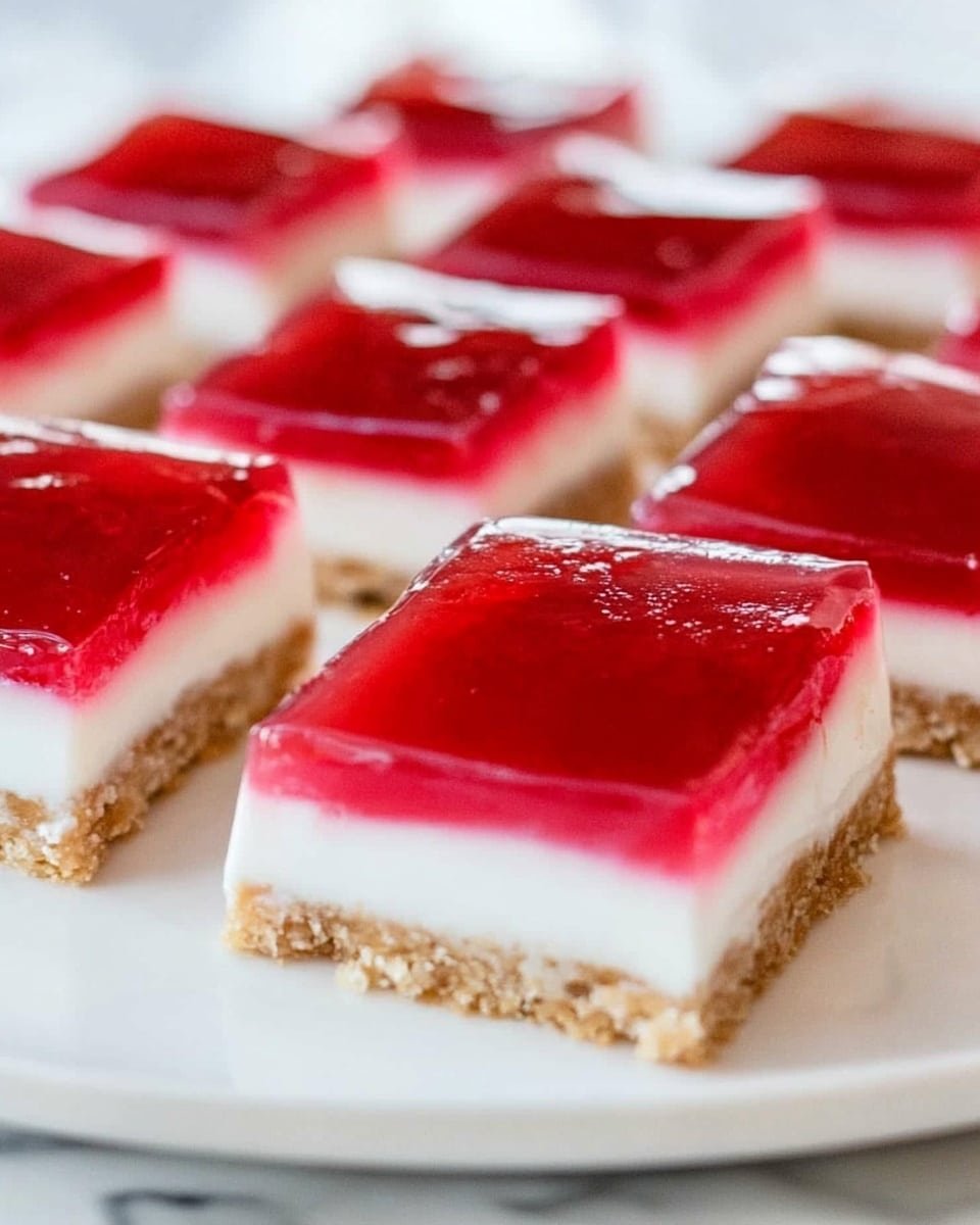 The image shows a close-up of square dessert pieces arranged on a white plate placed on a white marbled surface. Each dessert piece has three clear layers: the bottom layer is crumbly and brown, looking like a cookie or graham cracker crust; the middle layer is smooth and white, resembling a creamy filling; the top layer is a shiny, bright red jelly which is thick and glossy. The dessert squares are neatly cut with clean edges, and the focus is on the front two pieces, showing the contrast of colors and textures. photo taken with an iphone --ar 4:5 --v 6.1