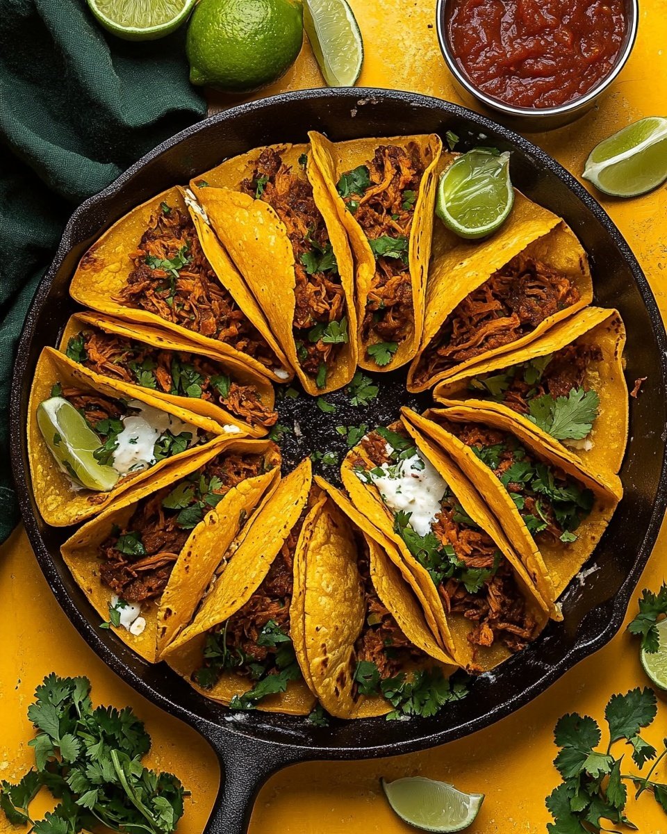 The image shows a black cast iron pan filled with about ten golden-orange quesadillas, each folded with a visible filling of shredded meat, melted cheese, and chopped green herbs inside. The quesadillas have a slightly crispy texture with some browned spots. The pan sits on a bright yellow surface scattered with lime wedges, red chili peppers, fresh green parsley, and small metal bowls of orange and green sauces. A wooden-handled knife rests inside the pan next to the quesadillas. The overall look is warm and inviting, with rich colors and fresh garnishes. Photo taken with an iphone --ar 4:5 --v 6.1