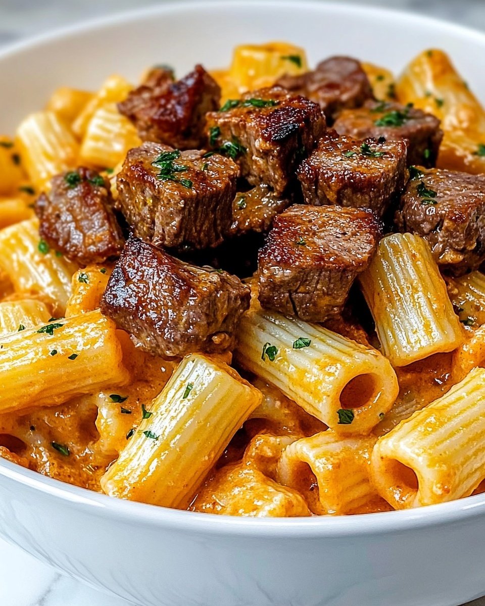 A white plate holds two main layers side by side: on the left, rigatoni pasta coated in a creamy, orange-colored cheese sauce sprinkled with small bits of black pepper; on the right, cubed pieces of steak cooked to a dark brown with visible grill marks and a slightly shiny texture from juices. The plate rests on a white marbled surface. photo taken with an iphone --ar 4:5 --v 6.1