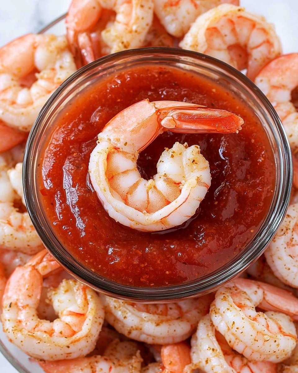 A clear round glass bowl filled with thick red cocktail sauce sits in the center of a pile of cooked shrimp with shells on, arranged closely together. One shrimp is partially dipped in the sauce, showing its light pink and white color with a curved shape and visible tail. The shrimp have a light dusting of seasoning, giving them an orange tint in places. The background is a white marbled surface. photo taken with an iphone --ar 4:5 --v 6.1