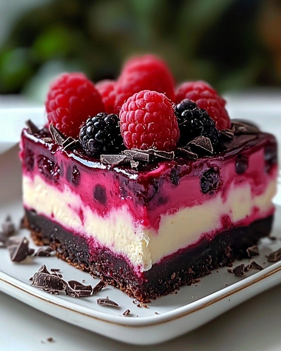 A close-up of a square dessert with four visible layers on a white plate over a white marbled surface: the bottom layer is a dark, crumbly chocolate crust; above it is a thick, dark chocolate layer; the third layer is cream-colored with bright red raspberries mixed inside, giving a textured look; a glossy dark chocolate layer tops the dessert, adorned with fresh, bright red raspberries and scattered dark chocolate chips. Photo taken with an iphone --ar 4:5 --v 6.1