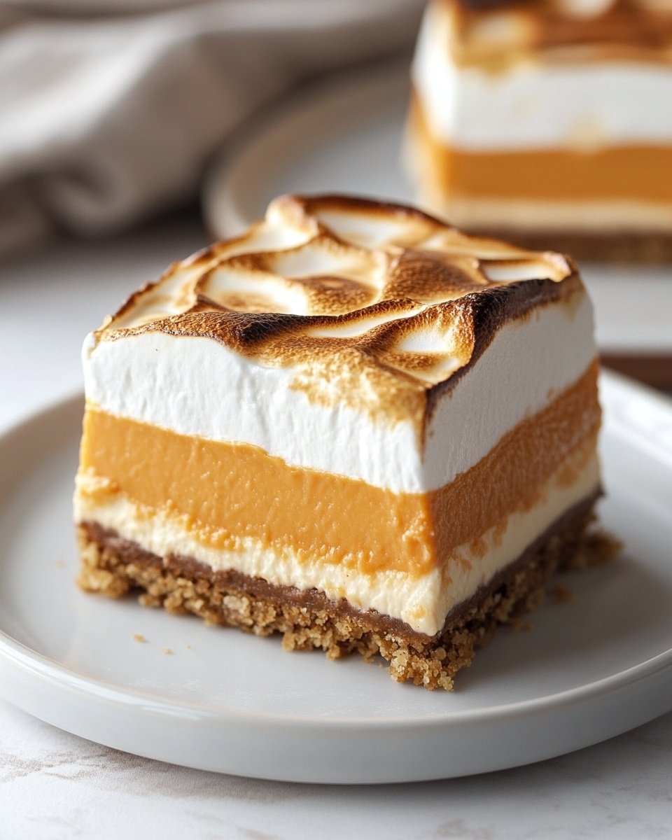 A square dessert sits on a white plate with three visible layers: the bottom layer is a dense, crumbly brown crust; the middle layer is a thick, smooth orange filling with a slightly textured surface; the top layer is a fluffy white marshmallow-like topping toasted to a golden brown with darker browned spots and light ridges along the sides, slightly overhanging the orange layer, all placed on a white marbled surface photo taken with an iphone --ar 4:5 --v 6.1