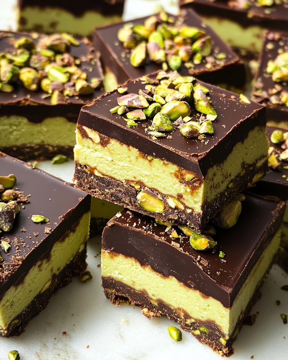 The image shows a square dessert held by a woman's hand with pale pink nail polish, with four clear layers. The bottom layer is dark brown with a rough texture and visible chopped green pistachio pieces. Above it is a smooth, thick yellow layer. The next layer is thick, dark brown, and creamy with some natural texture lines. The top layer is a rough, unevenly chopped bright green pistachio nut topping. The background is a white marbled surface with similar square pieces of the dessert scattered around, and a small white and gold cup filled with chopped pistachios is visible on the left side. photo taken with an iphone --ar 4:5 --v 6.1