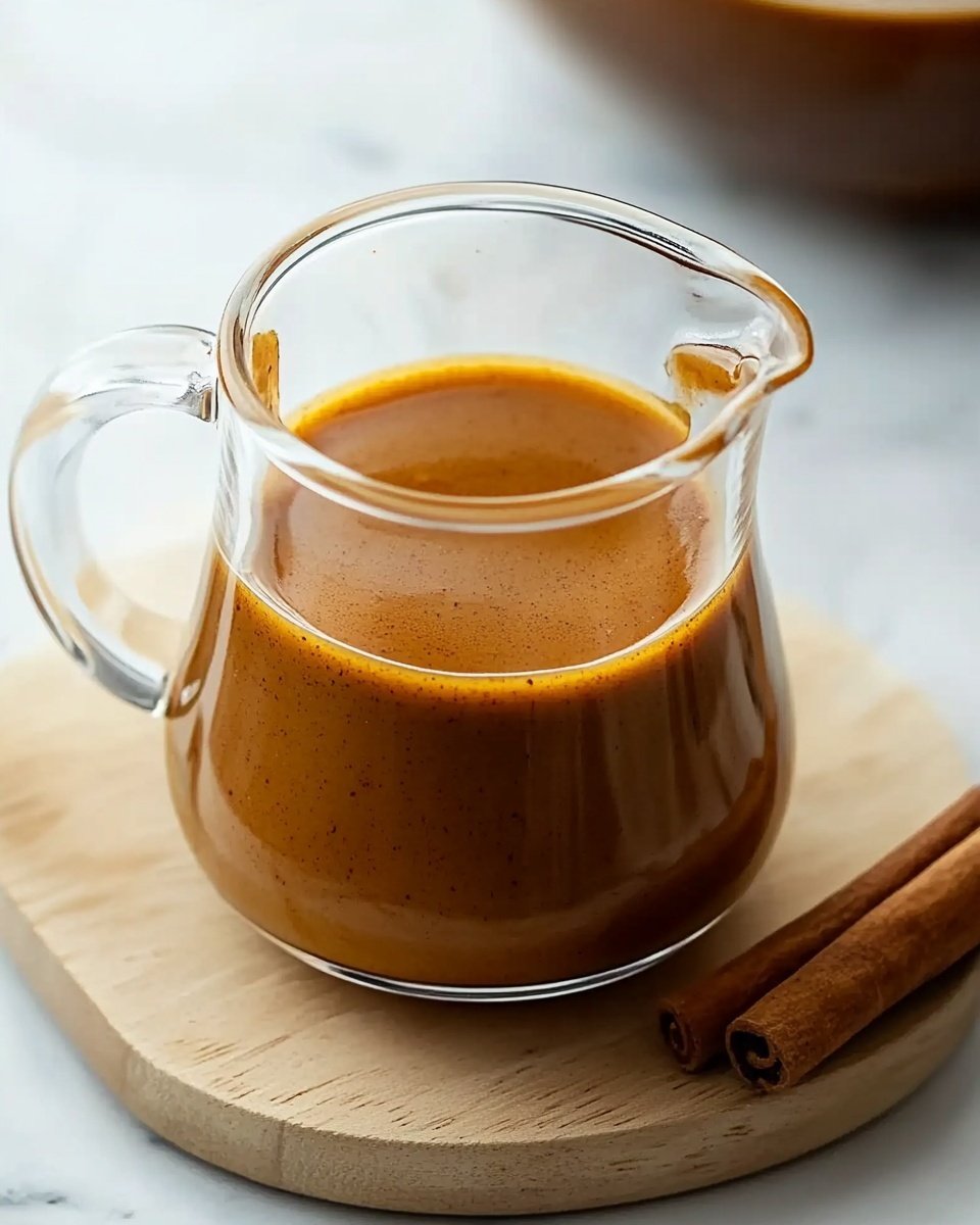 A clear glass pitcher filled with a smooth, thick sauce of warm brown color with tiny darker specks throughout. The sauce reaches near the top of the pitcher, which has a wide curved spout and a sturdy handle on the right side. The pitcher sits on a medium brown wooden board with visible grain texture, placed on a white marbled surface. To the right of the pitcher, two cinnamon sticks rest on the wooden board. The lighting softly highlights the sauce's shiny surface, and the overall scene feels warm and cozy. Photo taken with an iphone --ar 4:5 --v 6.1