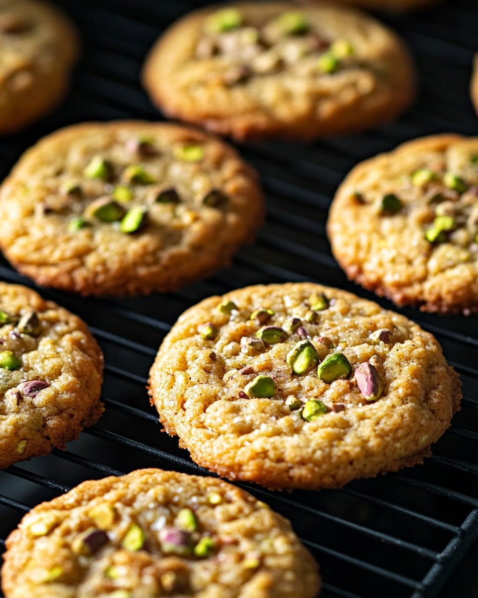 The image shows a close-up of several round cookies on a black cooling rack. Each cookie has a light golden brown color with a soft texture and slightly crispy edges. On top of each cookie are crushed pistachio pieces scattered in the center, adding a mix of green and brown hues. The black cooling rack contrasts with the cookies' warm colors, and the background is softly blurred, focusing attention on the details of the cookies. photo taken with an iphone --ar 4:5 --v 6.1