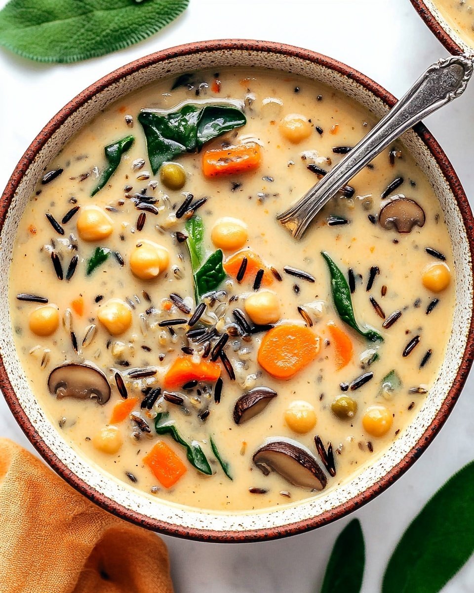 A creamy soup fills a white bowl almost to the top, showing a mix of ingredients in three visible layers: the thick light beige creamy broth as the base; scattered medium brown sliced mushrooms, black wild rice grains, and bright orange carrot cubes spread evenly; and deep green leafy spinach pieces and round pale yellow chickpeas scattered throughout. The soup surface has a light sprinkle of black pepper, adding tiny dark specks. The bowl rests on a white marbled texture. Photo taken with an iphone --ar 4:5 --v 6.1