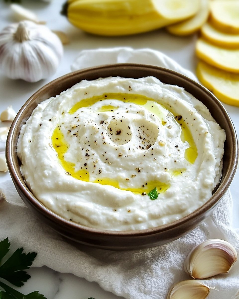 A close-up of a white creamy dip in a deep white bowl with a brown rim, swirled with a smooth texture and drizzled with olive oil and sprinkled black pepper on top. The bowl sits on a white cloth with a white marbled surface underneath. Around the bowl, there are garlic cloves, a whole garlic bulb, sliced yellow squash, and a sprig of green parsley. A wooden spoon lies near the bottom right corner, completing the scene with a rustic, fresh feel. Photo taken with an iphone --ar 4:5 --v 6.1