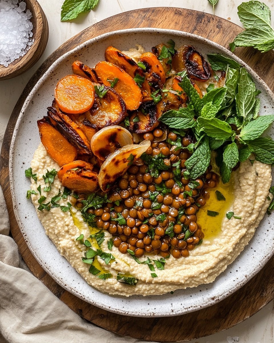 A round white plate sits on a white marbled surface, holding a layered dish. The bottom layer is a smooth, creamy beige spread, swirled gently with a drizzle of golden olive oil. On top of that, there is a heap of small greenish-brown lentils mixed with chopped leafy green herbs and some small nuts, giving it a rough texture. Scattered over the lentils are cooked orange-brown sweet potato pieces that look soft and caramelized, along with some translucent cooked onions that have a light brown color and curls. Fresh mint leaves are placed on the top and around the plate, adding bright green color and freshness. Photo taken with an iphone --ar 4:5 --v 6.1