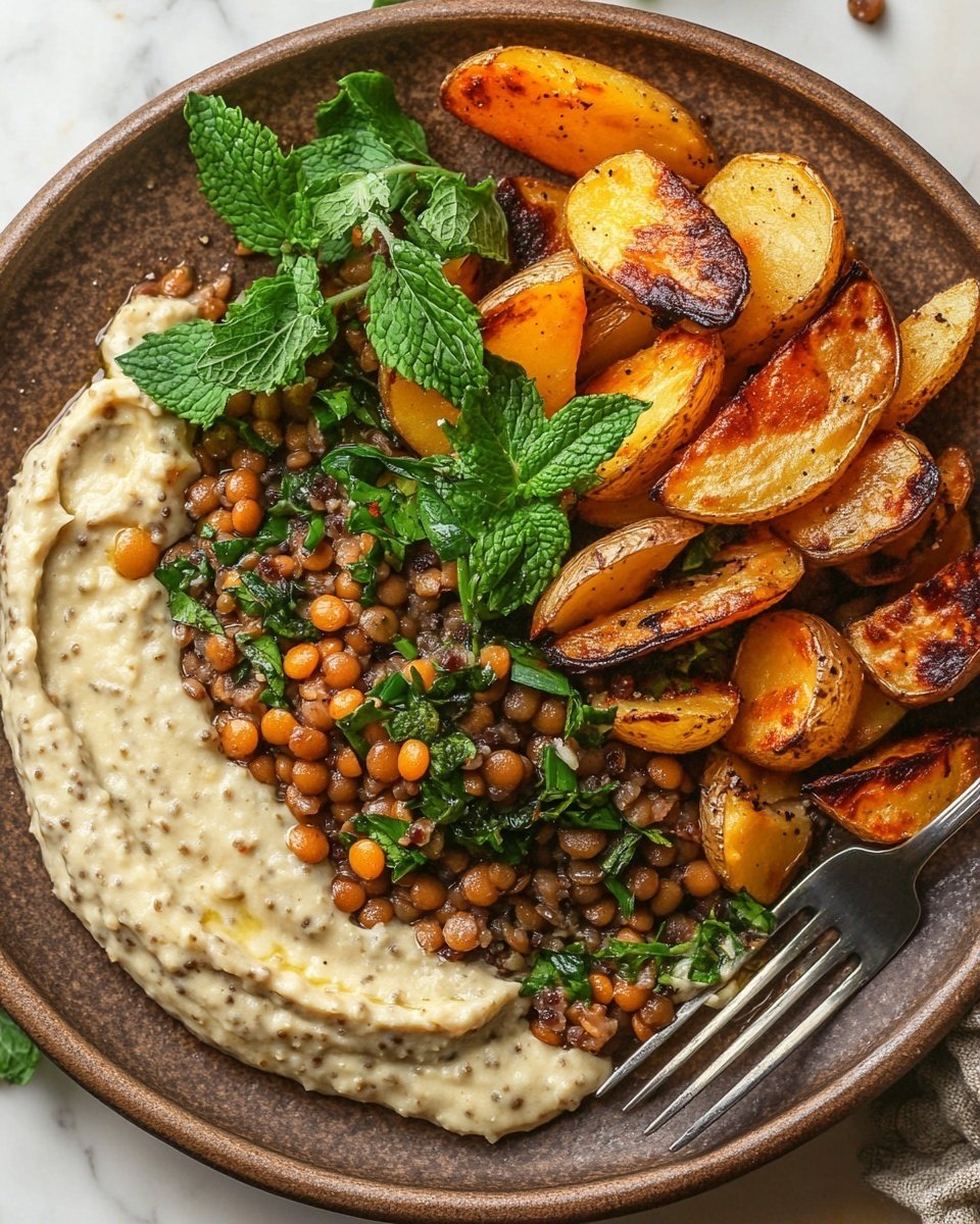 In the image, a brown plate holds a dish with three main layers. The bottom layer is a creamy beige spread that covers half of the plate with a smooth texture. On top of this are small green lentils mixed with bits of chopped greens and small brown pieces, clustered mainly on one side. The top layer has golden-orange roasted potato wedges and slices of browned onions scattered over the lentils and spread, with fresh green mint leaves adding a pop of color. A fork rests on the right side, partially placed on the creamy spread. The plate is set on a white marbled surface. Photo taken with an iphone --ar 4:5 --v 6.1