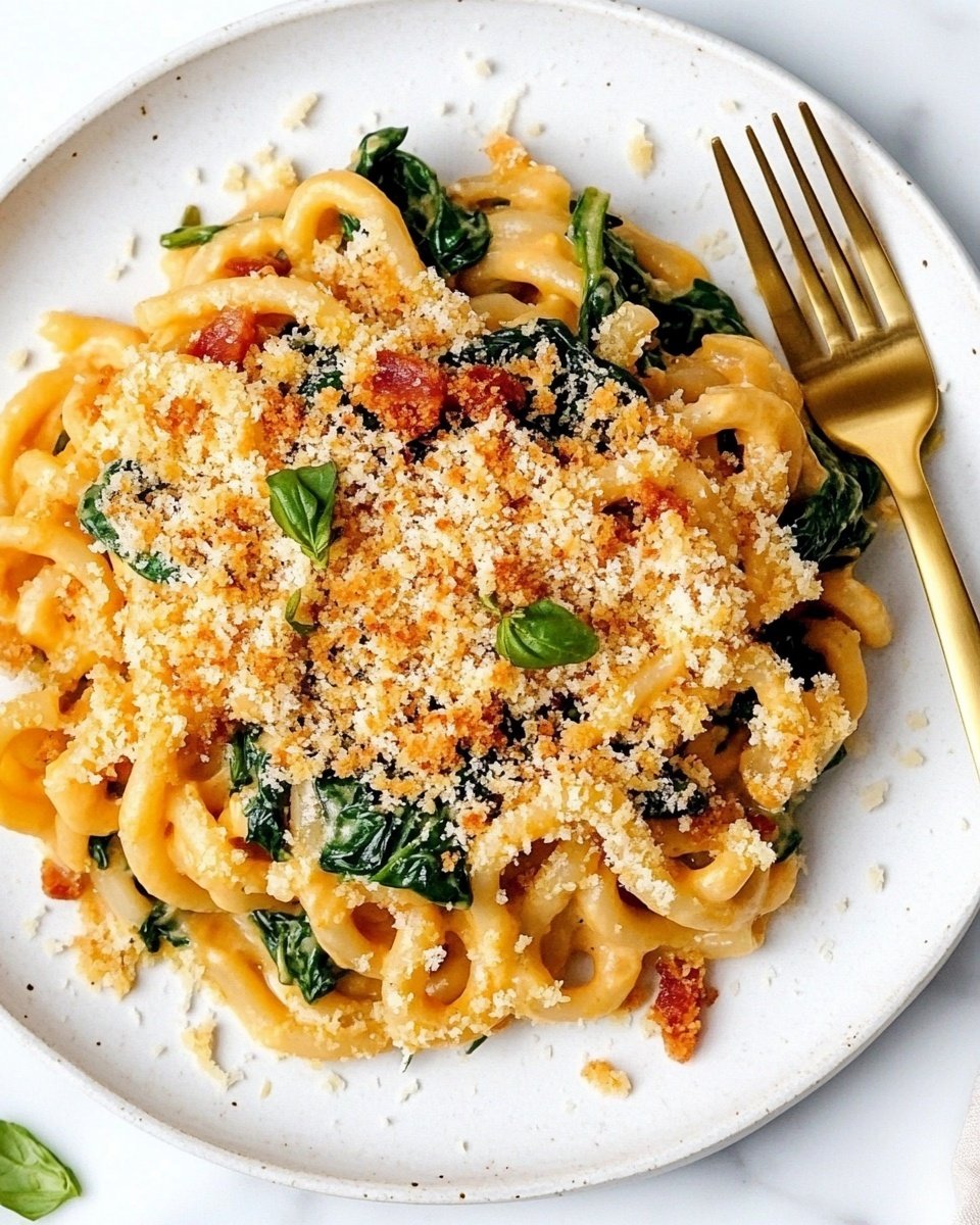 The dish is a creamy pasta with three layers on a white plate with a textured rim, placed on a white marbled surface. The bottom layer is curly pasta mixed with green spinach leaves and pieces of reddish-brown bacon, coated in an orange cheese sauce. On top of this is a thicker layer of melted cheese with a golden brown toasted breadcrumb crust scattered over the top. A small sprig of green herb rests on the breadcrumbs. A golden fork lies next to the pasta on the right side of the plate. The foreground includes a black and white checkered cloth partially visible at the bottom left corner. Photo taken with an iphone --ar 4:5 --v 6.1