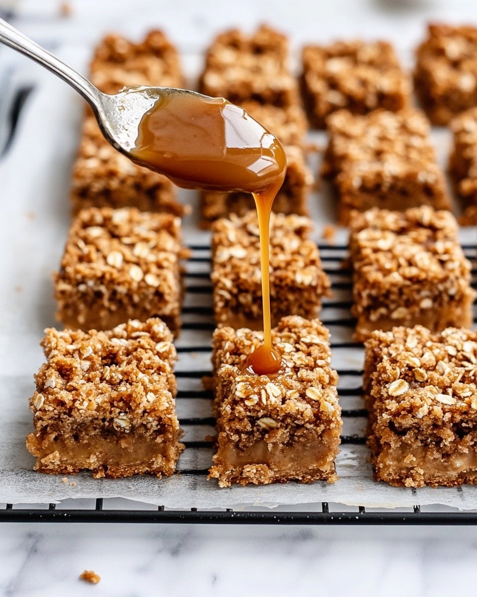 The image shows a close-up of rectangular bars arranged in two neat rows on white parchment paper and a black cooling rack, placed over a white marbled surface. Each bar has three visible layers: a dense brown bottom layer, a smooth light beige middle layer, and a crumbly, chunky oat topping in a golden-brown color. A spoon above one bar is dripping a thick caramel-colored sauce onto it, drawing a thin stream of sauce down to the top layer. The texture of the crumb topping is slightly rough with visible oat pieces, and some crumbs are scattered on the paper around the bars. Photo taken with an iphone --ar 4:5 --v 6.1