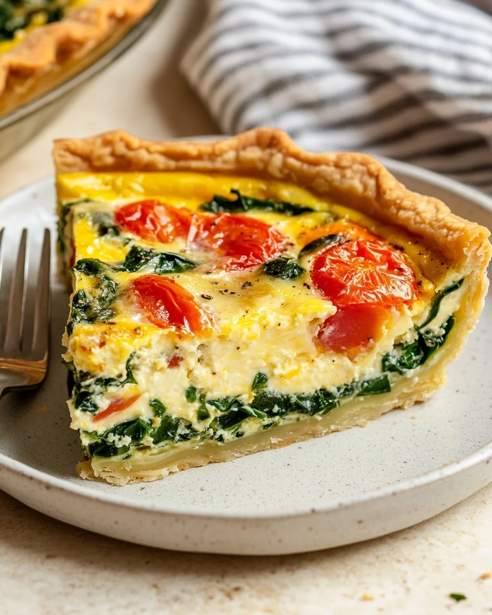 A round quiche with a golden brown crust sits in a clear glass pie dish on a white marbled surface. The quiche is cut into six slices, showing layers of yellow melted cheese, green spinach leaves, and red tomato slices baked on top. Fresh chopped green herbs are sprinkled across the quiche, adding color and texture. One slice is on a white plate in the foreground, displaying the same layers and colors. A knife with a light wooden handle rests on the pie dish near one slice. The scene is bright with soft natural light, creating a fresh and appetizing look photo taken with an iphone --ar 4:5 --v 6.1