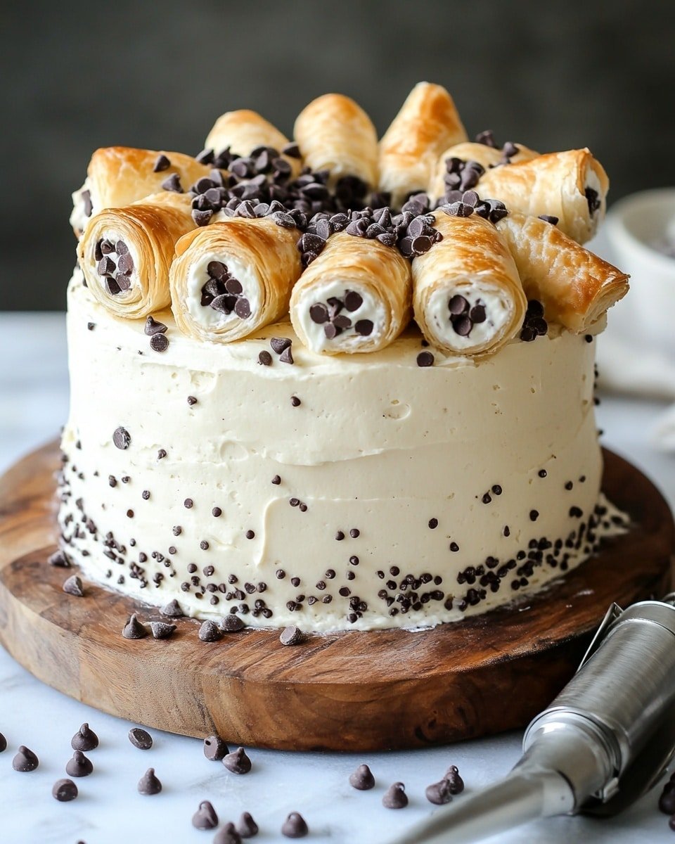 A tall round cake sits on a wooden board, covered in light cream frosting mixed with small dark chocolate chips all over its surface, giving a speckled look. On top, there are five golden brown pastry rolls, each filled with white cream and decorated at the open ends with lots of dark chocolate chips, arranged evenly around the edge. The cake’s frosting looks soft and thick with a few dollops under each pastry roll. Scattered chocolate chips lie on the white marbled surface around the cake, along with a metal piping bag filled with cream resting nearby. The photo taken with an iphone --ar 4:5 --v 6.1