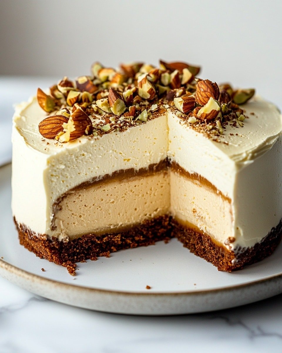 A slice of creamy beige cheesecake with three visible layers is placed on a white plate with a scalloped edge, sitting on a white marbled surface. The bottom crust layer is golden brown and crumbly, supporting a smooth and dense middle cheesecake layer of light tan color. The top layer is thick, fluffy light beige cream sprinkled with small chopped nuts in yellow and brown tones. Next to the slice, a white plate holds a fork with a large piece of cake with cream in the same colors and textures. In the background, there is a blurred view of the full cheesecake. The lighting creates warm highlights and soft shadows on the dessert. Photo taken with an iphone --ar 4:5 --v 6.1