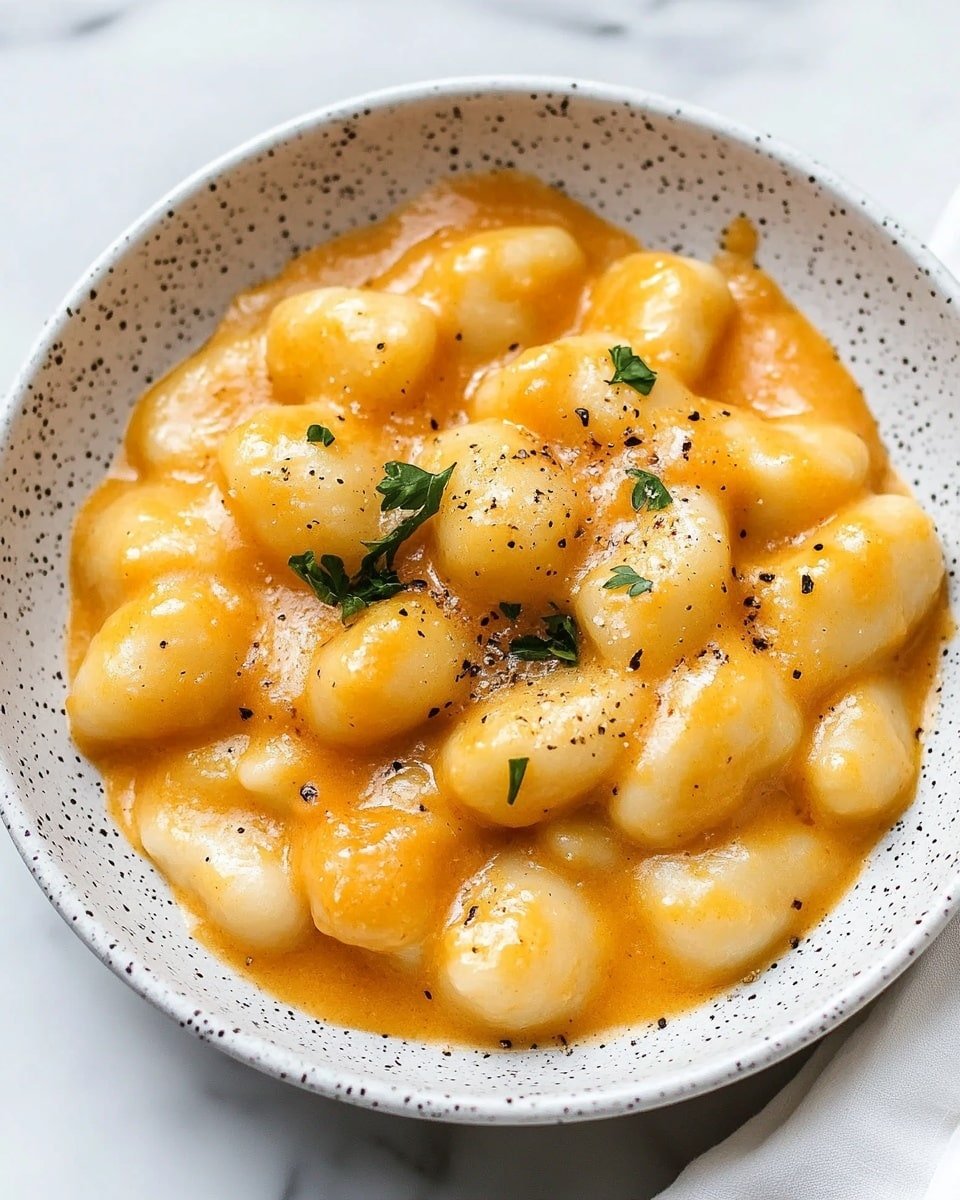 The image shows a bowl of soft gnocchi covered in a smooth, thick orange sauce. The gnocchi pieces are pillow-shaped, pale yellow, and gently coated with the sauce, which has a creamy texture. Small green herb sprigs are sprinkled on top, adding a touch of color contrast, along with a few black pepper specks. The dish sits in a speckled white bowl on a white marbled surface with a white cloth napkin partially visible under the bowl. photo taken with an iphone --ar 4:5 --v 6.1