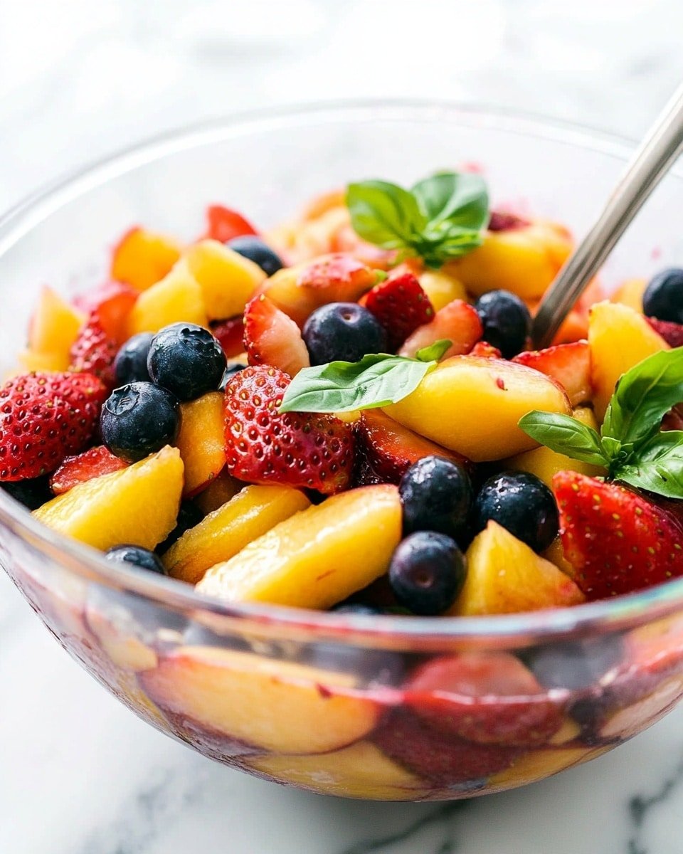 A clear glass bowl filled with a colorful fruit salad placed on a white marbled surface. The salad has three main visible layers: the bottom layer is made of diced yellow peaches with red edges, the middle layer consists of sliced red strawberries with white inner parts, and the top layer shows dark blue blueberries scattered over the fruit. There are thin slices of fresh green basil leaves sprinkled on top, adding a fresh touch. A silver spoon stands upright inside the bowl. The photo is taken with an iphone --ar 4:5 --v 6.1
