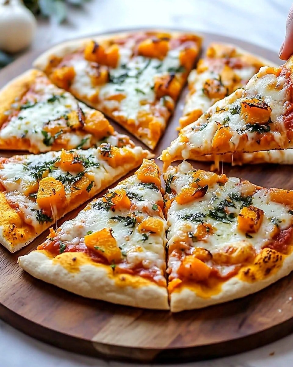 A sliced pizza with a golden crust sits on a round wooden board, showing eight triangular slices. The first layer is a red tomato sauce spread evenly on the crust. On top of that, there are small orange chunks of roasted squash scattered on each slice. The next layer is melted white cheese that looks creamy and bubbly, covering the squash. Green herbs are sprinkled over the cheese, adding color and texture. The background shows a white marbled surface with a soft focus, and a woman's hand is lifting one slice from the board. Photo taken with an iphone --ar 4:5 --v 6.1