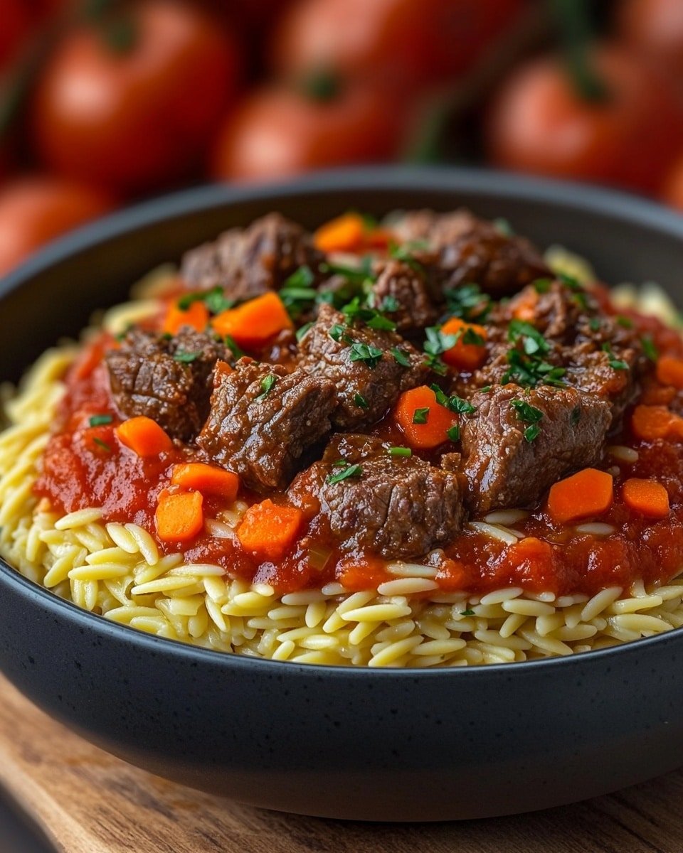 A dark gray bowl filled with three main layers: the bottom layer is a bed of small, shiny yellow orzo pasta, the middle layer is a rich red tomato sauce mixed with small orange carrot pieces, and the top layer is made up of browned beef chunks scattered evenly, all sprinkled with small green chopped herbs. The bowl is placed on a wooden surface with blurred tomatoes in the background, and the photo is taken close-up showing the textures of the meat and pasta clearly. photo taken with an iphone --ar 4:5 --v 6.1