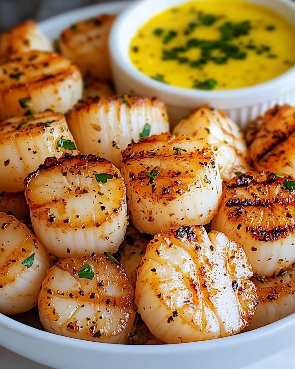 This image shows a large white bowl filled with grilled scallops that are golden brown with dotted black seasoning and fresh green herb flakes on top. The scallops are stacked close together, showing their round, slightly curved shapes and light orange edges. Behind the scallops in the bowl is a smaller white ramekin filled with a smooth, bright yellow sauce that has tiny green herb bits sprinkled across the surface. The bowl is placed on a white marbled surface, creating a clean and fresh background. photo taken with an iphone --ar 4:5 --v 6.1