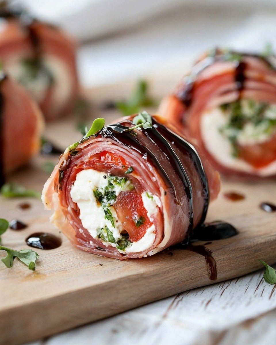 The image shows several small rolls arranged in a row on a light wooden board with carved edges. Each roll has three main layers: a thin outer wrap of reddish-pink meat, a middle layer of white soft cheese mixed with green herbs, and inside, visible nut pieces and a swirl of green sauce. Two rolls at the front are drizzled with dark glossy sauce in thin lines, with drops of the sauce on the wooden board below them. To the right, there are a few light wooden skewers resting on the board. The background has a soft focus, showing more of the rolls lined up. photo taken with an iphone --ar 4:5 --v 6.1