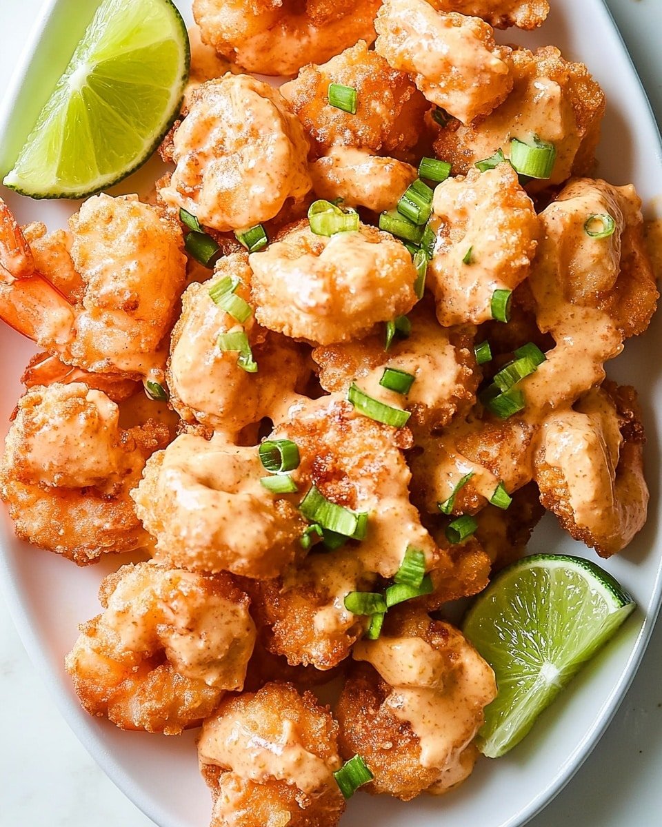 A clear glass bowl filled with many pieces of golden brown battered nuggets, all covered in a thick light pink sauce with visible small red spices. The nuggets have a rough texture under the sauce, which pools at the bottom of the bowl. A white plastic spatula rests inside the bowl, partly covered with the same pink sauce, sitting on the right side. The background is a white marbled surface. photo taken with an iphone --ar 4:5 --v 6.1