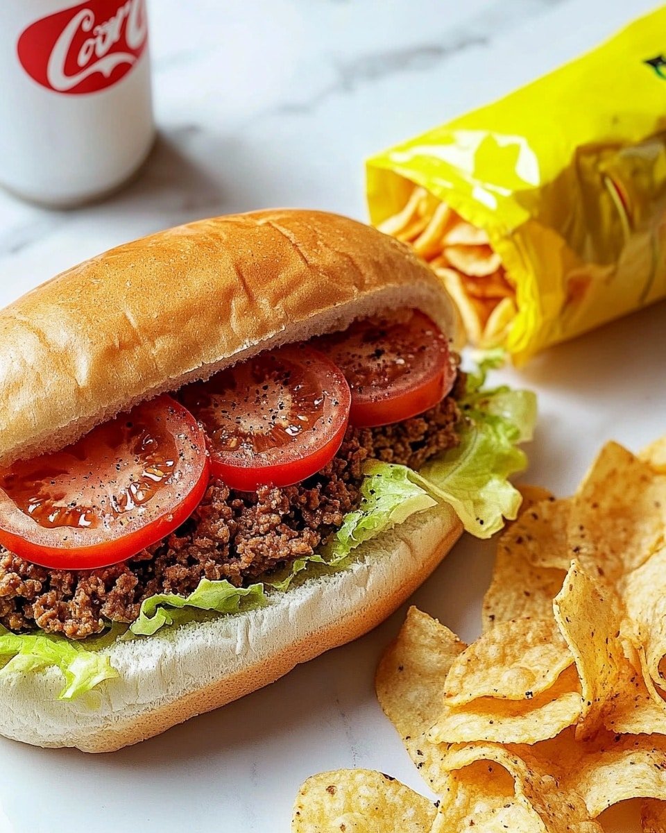The image shows a sandwich on a white soft bun filled with a layer of cooked minced meat on the bottom left and topped by four round slices of bright red tomato sprinkled with black pepper. On the right side, a thick layer of shredded pale green lettuce fills the bun. Next to the sandwich, there is a white can of Diet Coke with the top open and a yellow bag of potato chips spilling out light golden chips onto a white marbled surface with some crumbs around. Photo taken with an iphone --ar 4:5 --v 6.1