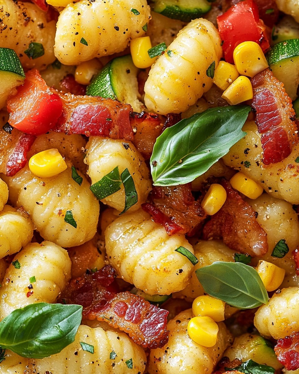 The image shows a close-up of a dish with gnocchi, which are small, soft yellow dumplings, scattered throughout. Mixed with the gnocchi are pieces of crispy bacon in reddish-brown tones, bright yellow corn kernels, and chunks of red bell pepper. There are also small green zucchini slices and fresh green basil leaves spread on top. The dish is seasoned with visible black pepper specks and garnished with tiny green herb sprigs. The background is a white marbled texture. photo taken with an iphone --ar 4:5 --v 6.1