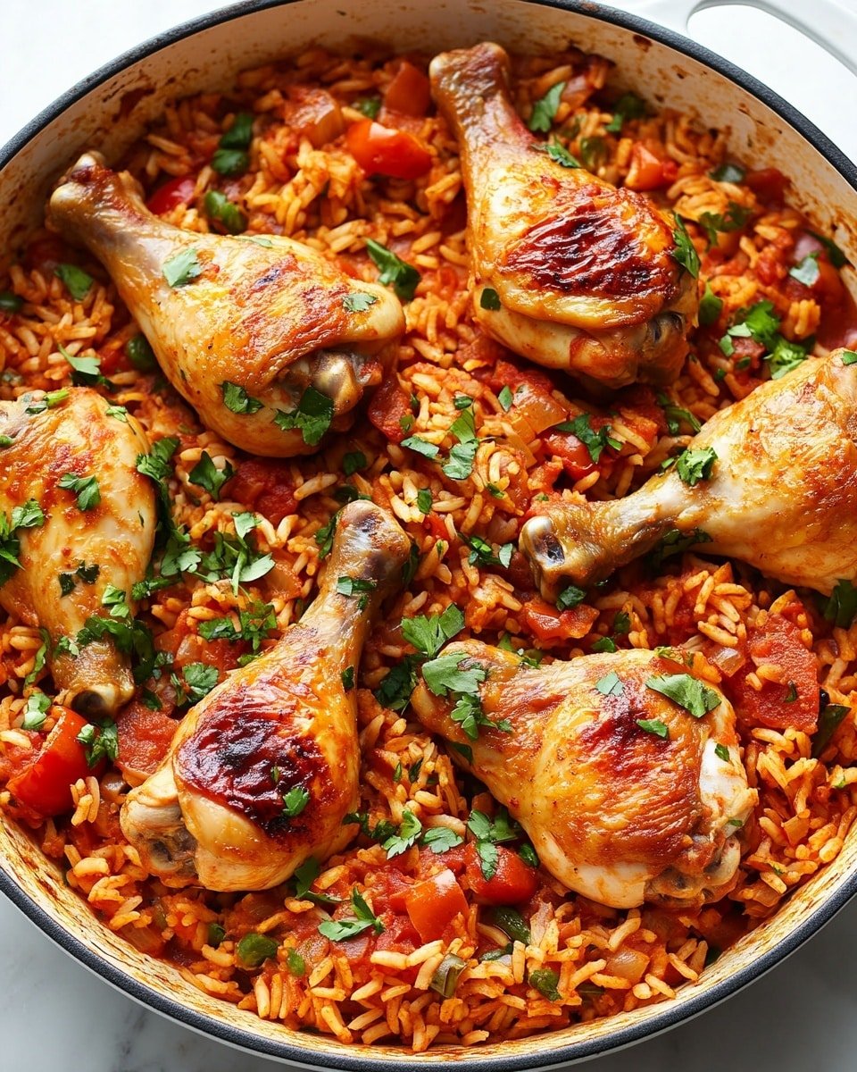 A large white pan with green handles holds a dish with two main layers. The bottom layer is a vibrant mix of cooked rice and tomatoes, showing a rich red and orange color with small tomato and pepper chunks mixed in. On top, there are seven browned chicken pieces evenly placed, with a crispy golden-brown skin. Fresh green parsley leaves are sprinkled over the dish, adding a fresh contrast to the warm colors. The pan sits on a white marbled surface. Photo taken with an iphone --ar 4:5 --v 6.1