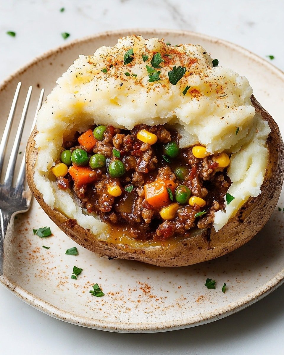 A baked potato sliced open and placed on a white plate with small brown spots, sitting on a white marbled surface. The potato has three clear layers: the outer brown skin is firm and rough, the middle layer is soft white potato, and the top layer is mashed potato with a light golden crust sprinkled with chopped green parsley. Inside the potato, there is a moist ground beef filling mixed with bright yellow corn, green peas, and small pieces of orange carrot, all covered in a thick reddish-brown sauce that is spilling slightly onto the plate. A silver fork rests on the left side of the plate. Photo taken with an iphone --ar 4:5 --v 6.1