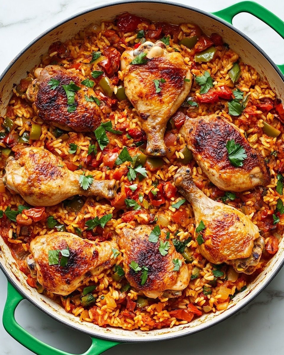 A round white pan filled with seven golden brown cooked chicken pieces, a mix of drumsticks and thighs, arranged on top of a bed of cooked rice mixed with diced red tomatoes and green herbs sprinkled over the dish. The rice has a rich red color with a soft texture, and the chicken skin looks crispy. The background is a white marbled surface. Photo taken with an iphone --ar 4:5 --v 6.1