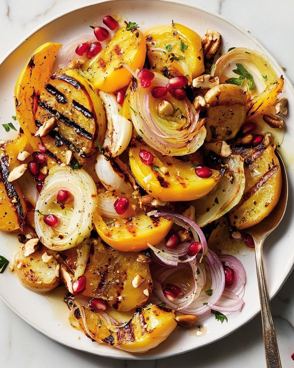 The dish shows a white plate filled with several layers of grilled fennel slices, yellow and orange squash pieces, and light tan potato wedges. The grilled fennel has brown grill marks and is layered unevenly on top and around the squash and potatoes. Scattered on top are thin rings of pale pink pickled onions, bright red pomegranate seeds, small chunks of toasted nuts, and small bits of chopped green herbs. A silver spoon on the plate holds a mix of squash, fennel, onions, and pomegranate seeds. The whole setting rests on a white marbled surface. photo taken with an iphone --ar 4:5 --v 6.1