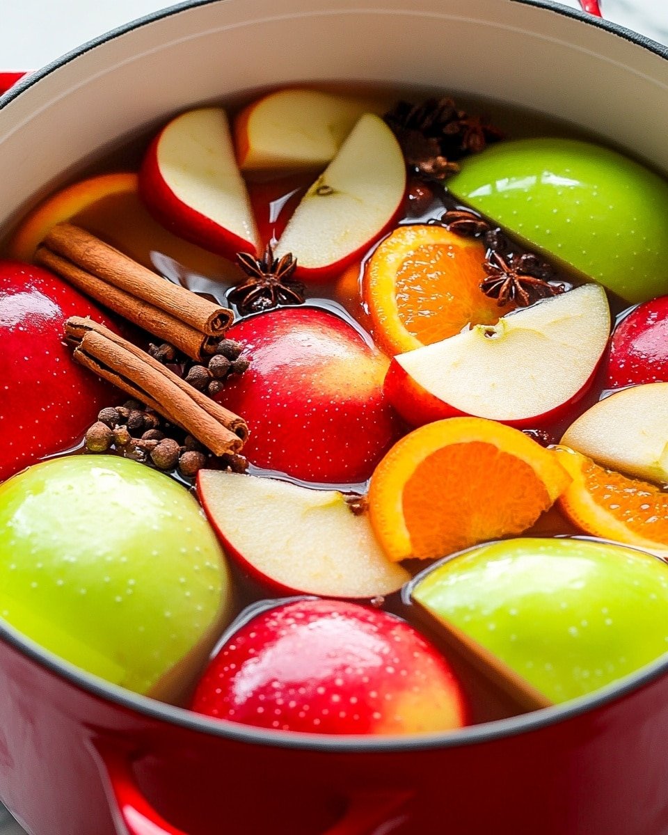 A red pot filled with large pieces of red and green apple halves, showing smooth, shiny textures, floating in a clear liquid. Bright orange orange wedges are scattered among the apples, adding a vibrant contrast with their slightly dimpled skin. Several dark brown cinnamon sticks rest on top of the fruit, along with small, dark brown cloves scattered around, giving a rich, spicy look. The pot is set on a white marbled surface with soft lighting reflecting off the fruit and liquid, creating a fresh and warm feeling. photo taken with an iphone --ar 4:5 --v 6.1
