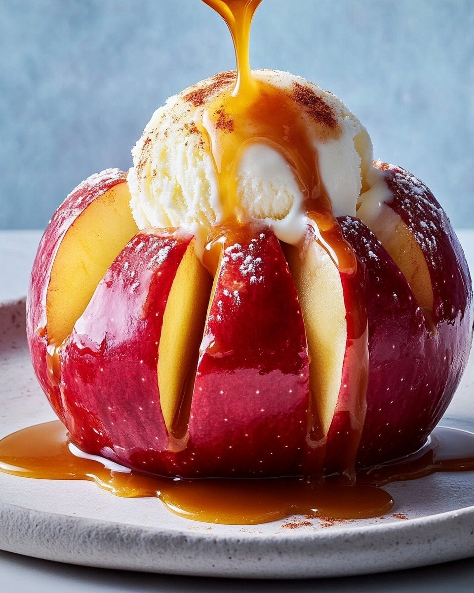 A black tray holds six baked apple cups, each made from a red apple sliced partially into petals revealing a soft, cooked light brown inside. On top of each apple cup is a single scoop of vanilla ice cream, smooth and creamy white with a few ice crystals visible. A woman's hand pours golden caramel sauce from a small glass pitcher over one scoop, with some of the caramel dripping down the ice cream and apple. The scene is set on a white marbled surface. photo taken with an iphone --ar 4:5 --v 6.1