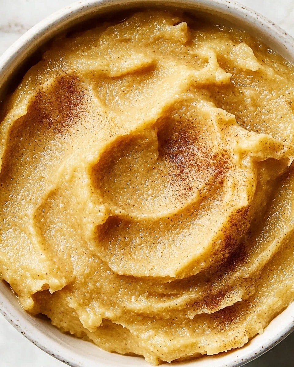 A close-up view of a bowl filled with smooth, light brown mashed texture with some uneven swirls and soft peaks on the surface. The mash has a slightly shiny look and is sprinkled lightly with small dark brown specks of spice spread mostly in the center and scattered around. The bowl is white and placed on a white marbled surface, creating a clean and simple background. photo taken with an iphone --ar 4:5 --v 6.1