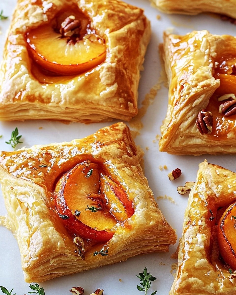 A group of golden-brown pastries with a flaky, crispy texture is shown on a white marbled surface. Each pastry is folded into a square or triangular shape, with the edges crisp and puffed up. In the center of each is a layer of melted bright orange cheese, topped with thin slices of pale green apple arranged in a fan-like pattern. Small pieces of chopped nuts and fresh green herb leaves are scattered on top, adding texture and color contrast. The pastries are close together, showing variation in browning with some darker spots on the cheese and crust. photo taken with an iphone --ar 4:5 --v 6.1