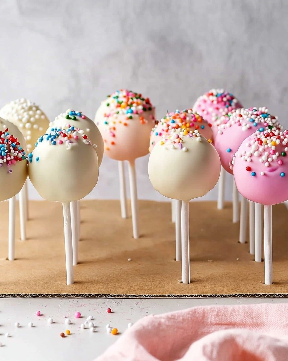 There are two rows of cake pops placed upright on a brown cardboard surface. Each cake pop is round and covered with smooth pastel coatings. The left row features white-coated pops with colorful long sprinkles on top, showing red, blue, green, yellow, and purple colors. The right row displays pink-coated pops covered with small white round sprinkles. The background has a clean white marbled texture. Some sprinkles are scattered on the cardboard near the bottom of the pops, and a soft light pink cloth is partially visible at the bottom right corner. photo taken with an iphone --ar 4:5 --v 6.1