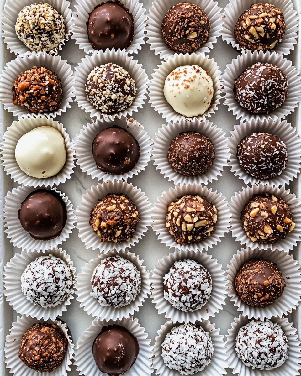 A metal tray is filled with several round chocolate balls, each placed in its own white paper cup. The balls are coated with three different toppings: dark chocolate sprinkles with a shiny texture, crushed nuts giving a rough, tan surface, and white powdered sugar or coconut flakes creating a soft, snowy look. The balls are closely packed in rows across the tray, held by two woman's hands at opposite corners of the tray. The whole scene is set on a white marbled texture. photo taken with an iphone --ar 4:5 --v 6.1
