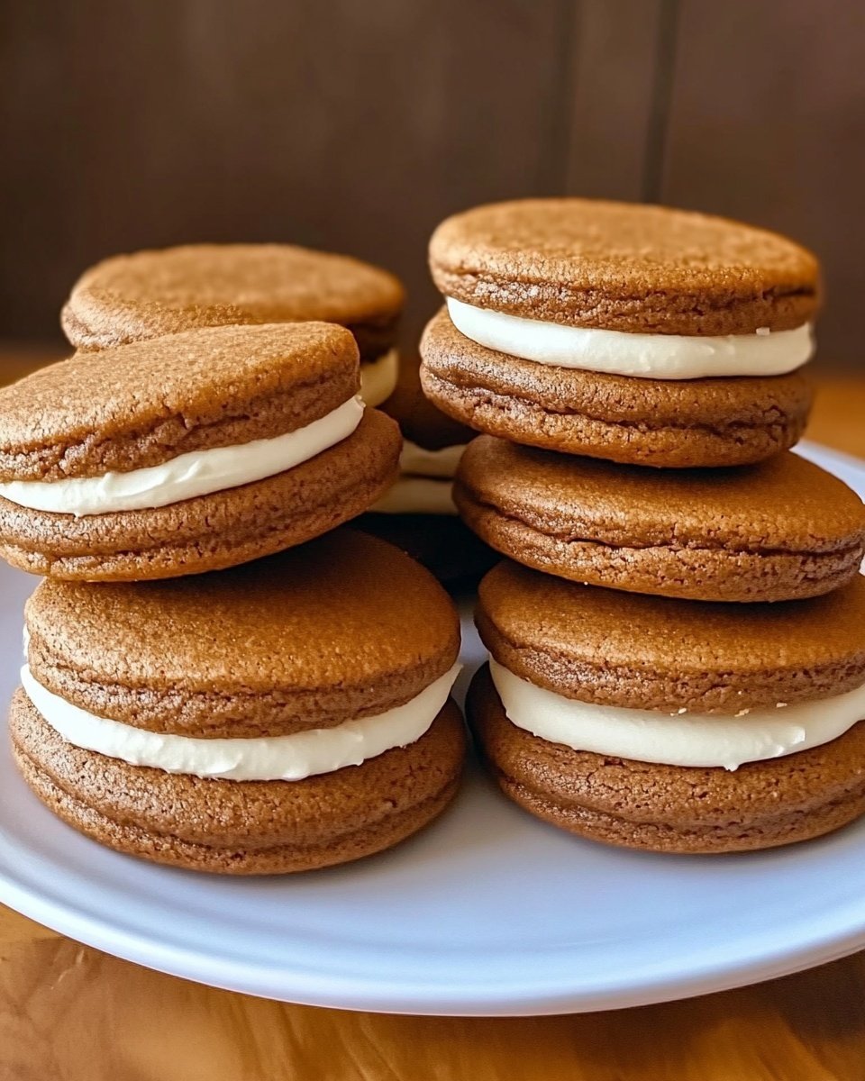 The image shows a stack of soft sandwich cookies on a white plate, each sandwich made of two rounded, golden-brown cookie layers with a thick middle layer of smooth white cream. The cookies have a slightly rough texture and are arranged in a clustered pile, some leaning against others. The background is blurred with warm brown tones, and the plate sits on a white marbled surface. photo taken with an iphone --ar 4:5 --v 6.1