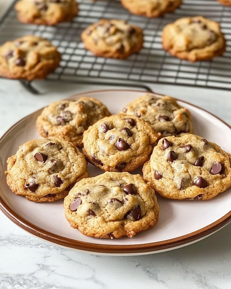 The image shows eight chocolate chip cookies placed on a large white plate with a subtle brown rim. Each cookie is round, slightly thick, and golden brown in color with visible dark chocolate chips embedded on the top and throughout the dough. The cookies have a slightly rough texture with small cracks and bumps on their surface. Behind the plate, there is a cooling rack holding more cookies of a similar size and color. The scene is set on a white marbled textured surface, giving it a clean and bright look. photo taken with an iphone --ar 4:5 --v 6.1