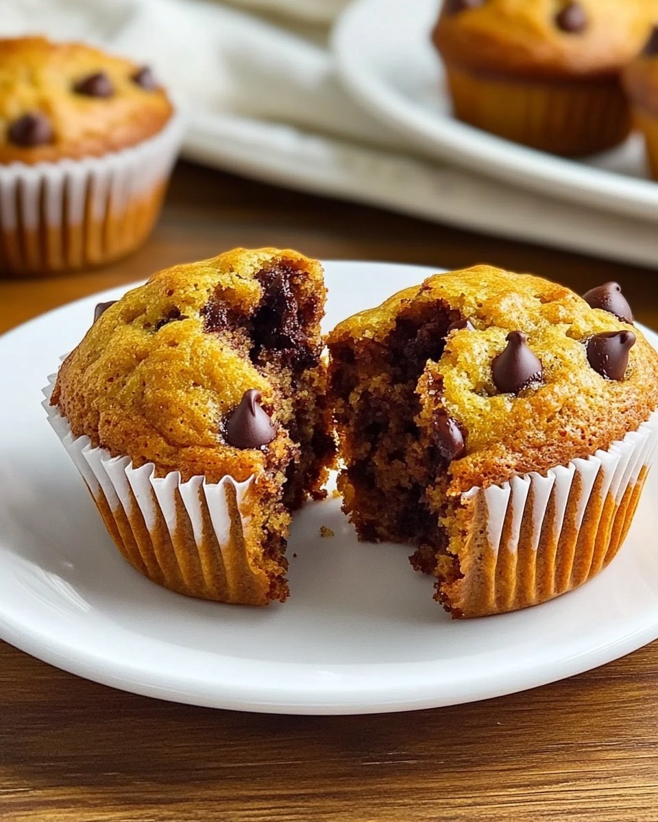 The image shows two muffins on a white round plate, placed on a wooden table with a striped cloth in the background. One muffin is whole, with a golden brown top and dark chocolate chips scattered on its surface. The other muffin is open, with its paper white liner peeled back and a piece torn off, showing a soft, moist, golden brown inside filled with more chocolate chips. The textures of the muffins look tender and slightly crumbly. Photo taken with an iphone --ar 4:5 --v 6.1