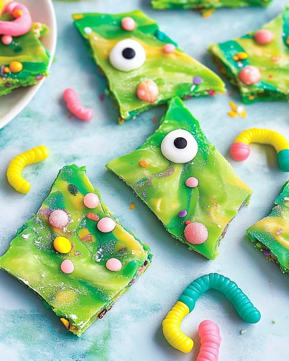 The image shows several pieces of green and yellow swirled bark-like candy spread on a white marbled surface. Each piece has small colorful candy dots, pink and green candy bits, and a single round white candy eye. On top of many pieces, there is a soft, pastel-colored candy worm with pink, yellow, and blue shades. On the left side, a white plate is partly visible, holding several more candy worms. The green bark pieces have a smooth but slightly uneven texture. photo taken with an iphone --ar 4:5 --v 6.1