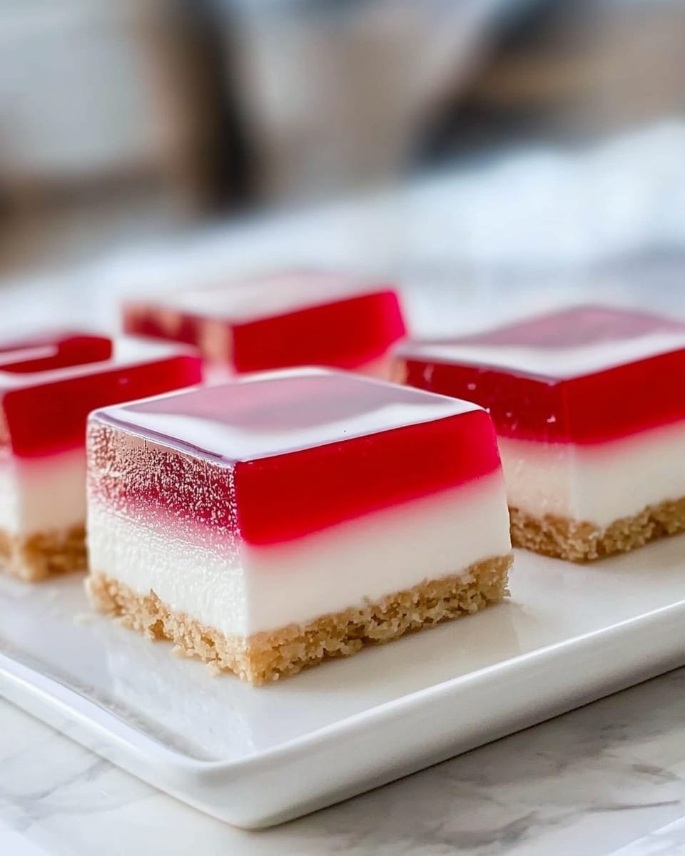 The image shows square dessert pieces with three clear layers arranged on a white plate over a white marbled surface. The bottom layer is crumbly and light brown, looking like a firm biscuit base. The middle layer is smooth and creamy white, thick and even. The top layer is a bright, shiny red jelly that is smooth and translucent. The pieces are neatly cut with clean edges and are placed close together on the plate. Photo taken with an iphone --ar 4:5 --v 6.1