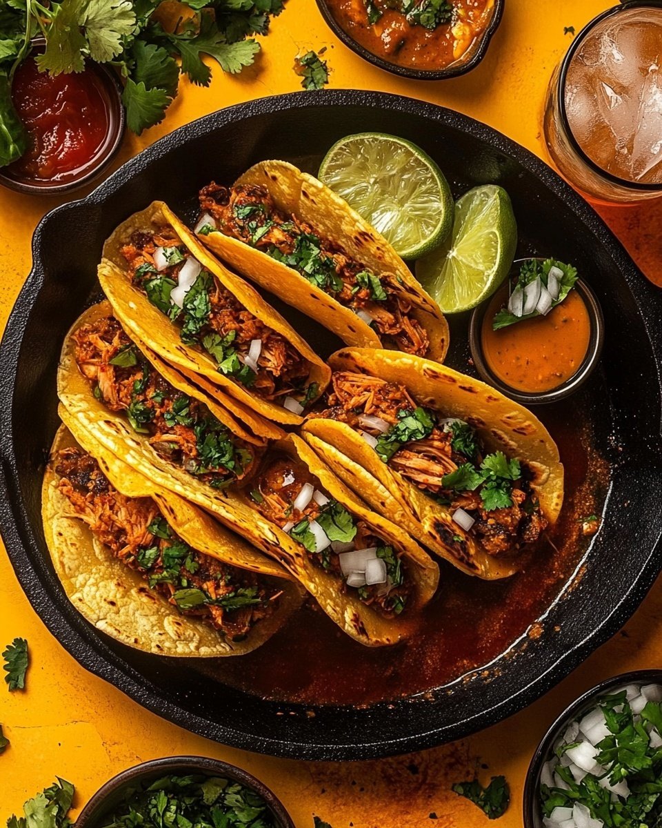 A black cast iron pan filled with about ten folded yellow-orange tortillas that are crispy and slightly speckled, each stuffed with shredded dark brown meat, white melted cheese, and sprinkled with fresh green chopped herbs and diced onions. The tacos are arranged close together, some with lime wedges nestled on top, adding light green accents. Around the pan, there are small bunches of fresh green parsley, a silver cup with lime wedges, a bowl of red dried chilies, and a black bowl with dark red soup, all set on a bright yellow textured surface lightly scattered with a dark green cloth. Photo taken with an iphone --ar 4:5 --v 6.1