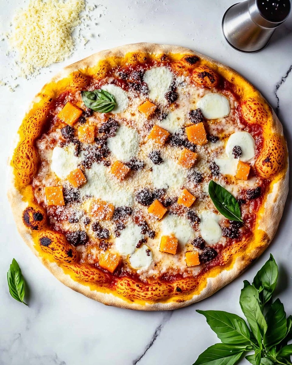 A round pizza sits on a white marbled surface, showing a thick, golden-brown crust. The first layer is bright red tomato sauce spread evenly. On top are melted white cheese patches covering the sauce. Scattered over are small, bright orange cubes and dark reddish-brown crispy pieces. There are light sprinkles of grated cheese on top, some fallen beside the pizza. To the top right, a silver shaker lies tipped, spilling grated cheese. Green leaves are placed near the pizza on the surface. Photo taken with an iphone --ar 4:5 --v 6.1
